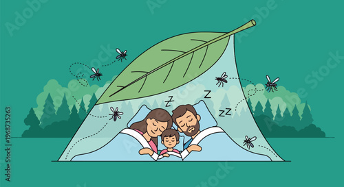 Family sleeps peacefully inside leaf shelter protected from mosquitos flying around forest, natural malaria prevention.