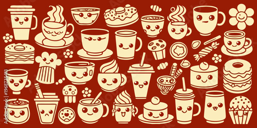 Cute doodle collection featuring coffee cups sweets and various treats