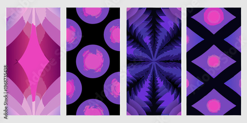 Four vertically oriented abstract patterns in shades of purple and pink