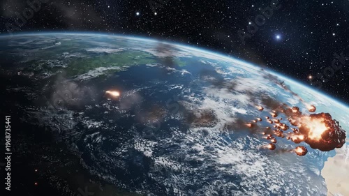 Meteor shower striking earth atmospheric entry rendering cinematic view of planetary destruction outer space doomsday