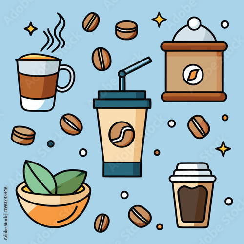 Coffee Shop Elements: Latte Art, Beans, Cup and Pastries