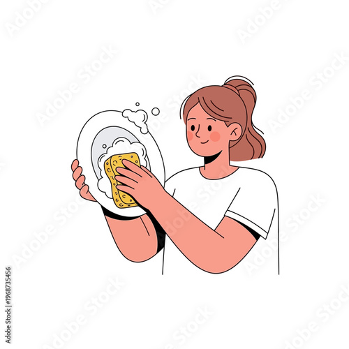 Woman washing dishes with sponge and soap bubbles, clean plate, daily chores
