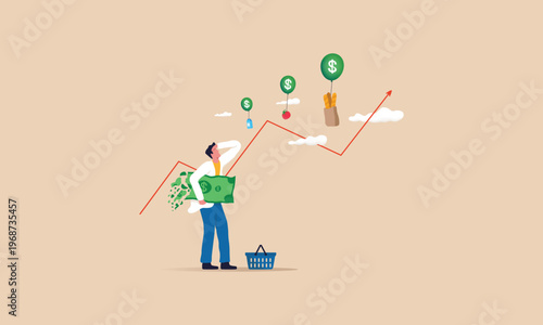 Inflation and Economic Crisis Concept with Man Holding Crumbling Banknote and Rising Food Price Balloons