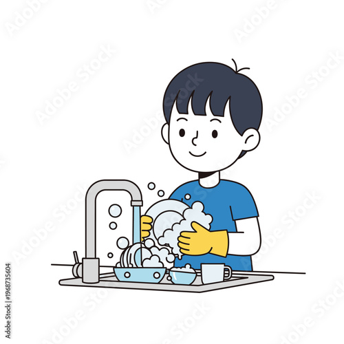 Boy washing dishes with yellow gloves and soap bubbles at the sink, illustration