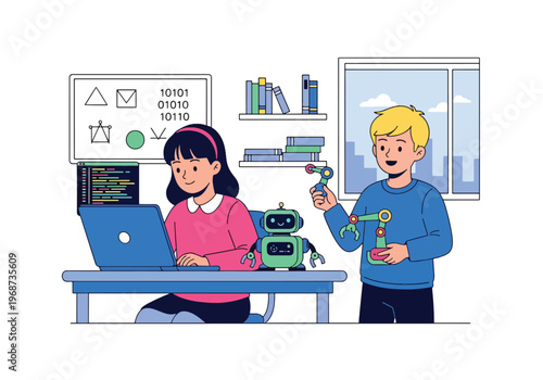 Flat style vector illustration of children learning coding and robotics with laptop and robot, modern STEM education concept for young students in classroom