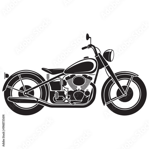 Classic black and white line drawing of a cruiser style motorcycle