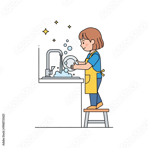 Child washing dishes at kitchen sink, wearing apron, standing on stool, sparkling clean plates