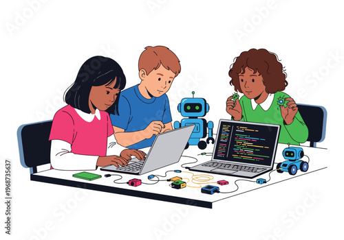 Flat style vector illustration of children learning coding and robotics with laptop and robot, modern STEM education concept for young students in classroom