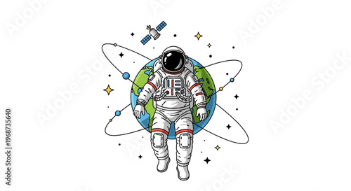 Vector illustration depicts an astronaut in a spacewalk floating in orbit around Earth, with a satellite and stars against a clean white background, celebrating International Day of Human