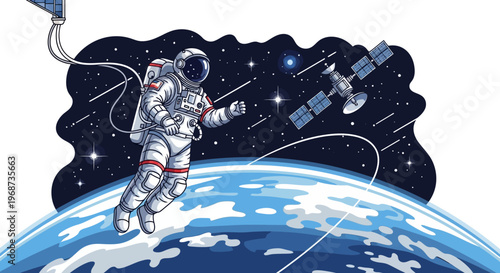 A spacewalk illustration features an astronaut floating in orbit, tethered above the Earth with a satellite nearby, set against a star-filled galaxy background in a vector design