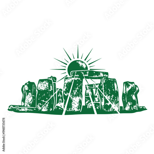 Dark green silhouette of stonehenge megalithic monument with a rising sun and radiating light rays featuring a distressed weathered texture on a white background