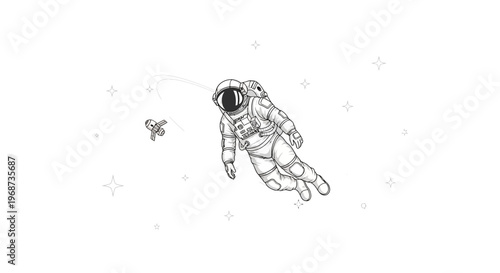 Vector illustration for International Day of Human Space Flight depicting an astronaut in a detailed spacewalk, floating in orbit near Earth with a satellite and stars in a galactic scene