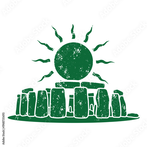 Dark green silhouette of stonehenge megalithic monument with a stylized sun rising above the stone circle featuring a distressed weathered texture on a white background