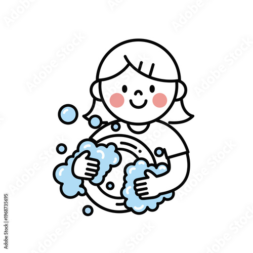 Cute cartoon girl washing dishes with bubbles and soap, happy expression