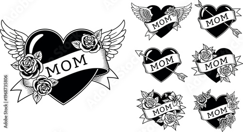 Vintage "Mom" Heart Tattoo Set with Wings, Roses, and Banners in Black and White Style for Mother's Day and Love Designs