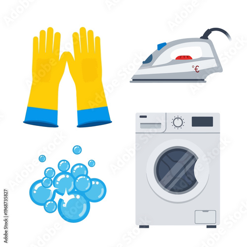 Household Cleaning and Laundry Icons: Gloves, Iron, Washing Machine, Bubbles