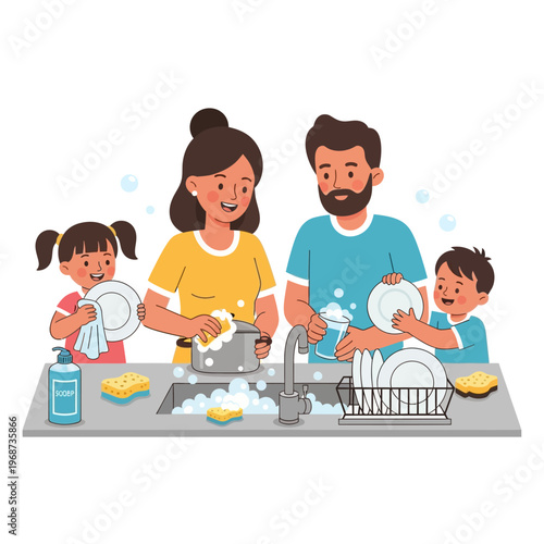 Family Washing Dishes Together: Parents and Children Doing Chores at Kitchen Sink