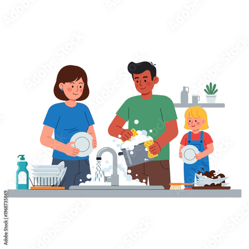 Family washing dishes together, domestic chores, teamwork, illustration