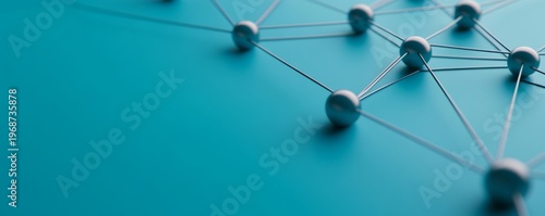 Shallow DOF 3D render network of metallic spheres on teal background, an abstract representation of digital connectivity, data and AI. blockchain, technology
