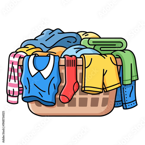 Laundry basket full of colorful clothes, clean laundry, domestic chores, everyday life
