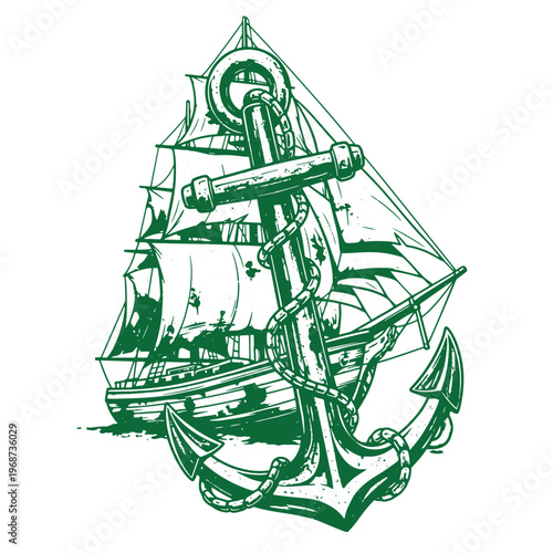 Green ink line of a vintage sailing ship with tattered sails positioned behind a large heavy metal nautical anchor wrapped in a thick iron chain on a plain white background