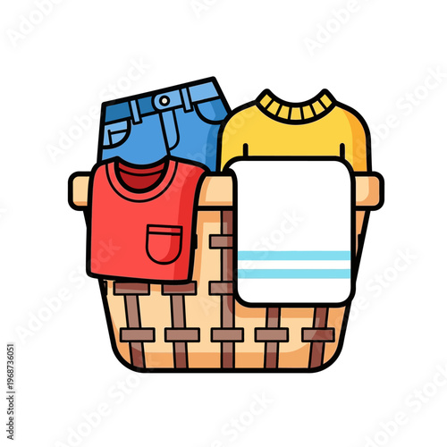 Laundry basket overflowing with clothes, jeans, sweater, t-shirt, and towel. Domestic chores concept.