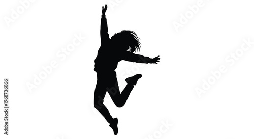 A dynamic black silhouette of a person leaping joyfully with arms raised against a plain white background silhouette high quality professional