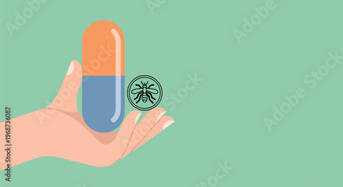 Hand holding large capsule with insect icon, representing medication for insect bites or insect-related illnesses and health remedies.