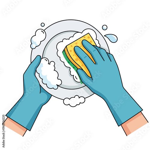 Hands in blue gloves washing plate with sponge and soap bubbles, cleaning concept