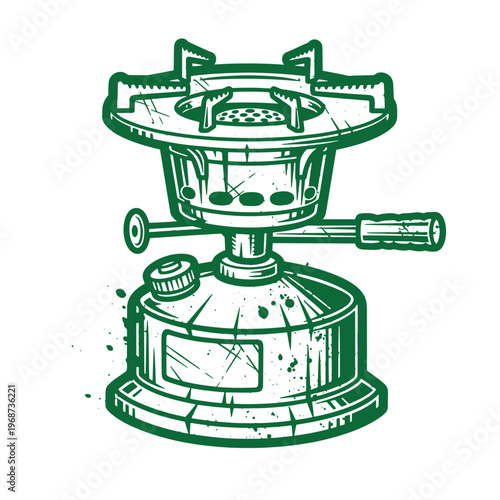 Green ink of a portable camping stove with a circular fuel tank and burner grate featuring a distressed texture and vintage style isolated on a white background
