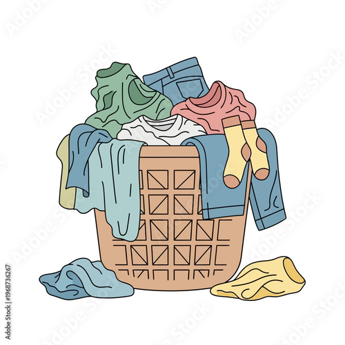 Laundry basket overflowing with colorful clothes, socks, and jeans. Domestic chores concept.