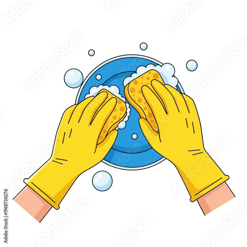 Hands in yellow gloves washing a blue plate with a sponge and soap bubbles
