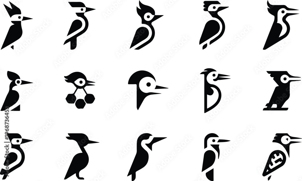 Fototapeta premium Woodpecker Silhouette Icon Collection Set