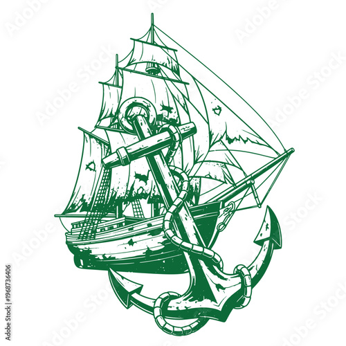 Green ink of a vintage sailing ship with tattered sails and a large heavy metal anchor wrapped in a thick nautical rope isolated on a white background