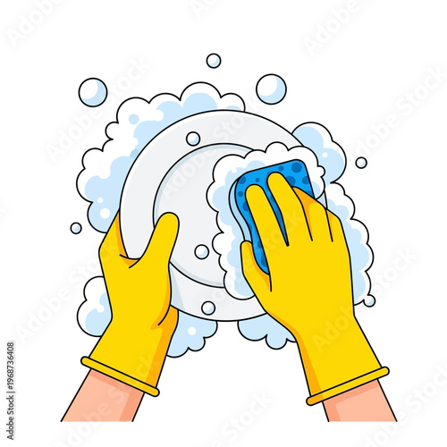 Hands in yellow gloves washing a plate with blue sponge and soap suds