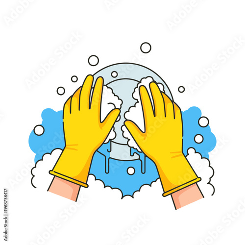 Hands in yellow gloves washing a plate with soap bubbles and water