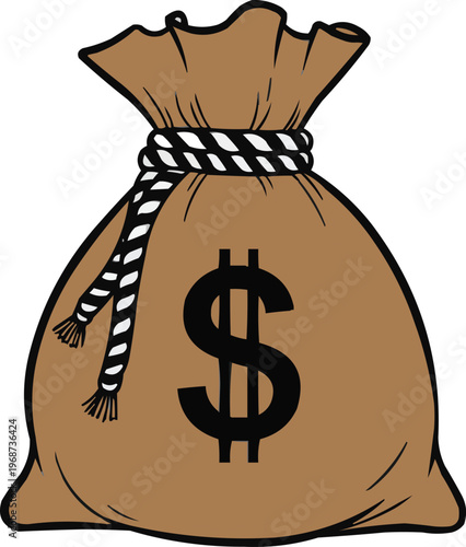 Financial Abundance: A simple depiction of a tied money bag featuring the prominent dollar sign, representing wealth and prosperity.
