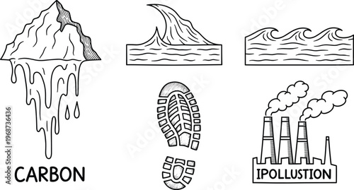 Environmental Pollution and Climate Change Icons Set Featuring Carbon Emissions, Ocean Waves, Footprint, and Industrial Pollution Symbols for Websites and Apps