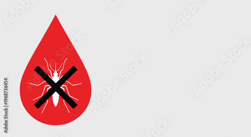 Blood drop with mosquito and cross symbol, vector graphic representing danger and insect-borne disease eradication.