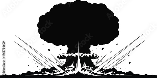 The Explosive Ascent: A stark monochrome illustration dramatically depicts the sheer power of an explosive event, with a towering mushroom cloud dominating the scene.
