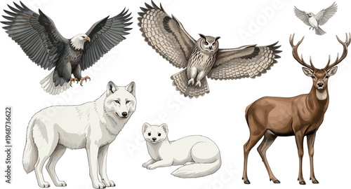 Wildlife Animal Vector Set with Eagle, Owl, Wolf, Deer, Falcon, and Arctic Fox Illustrations for Logos, Websites, and Designs