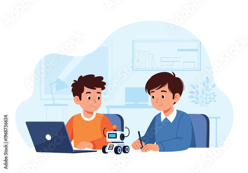 Flat style vector illustration of children learning coding and robotics with laptop and robot, modern STEM education concept for young students in classroom