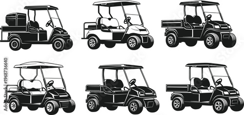 Set of black and white golf cart silhouettes, utility vehicle icons, transport illustrations, electric buggy collection for club sports, and recreation.