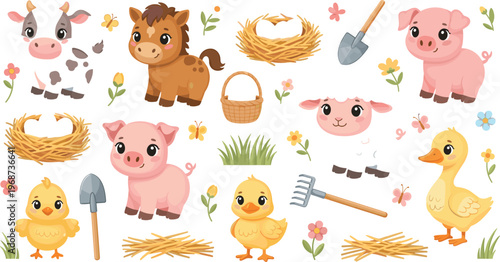 Farm Animal Babies Illustration Set Featuring Cow, Horse, Pig, Duck, Lamb, and Farm Elements for Kids' Designs