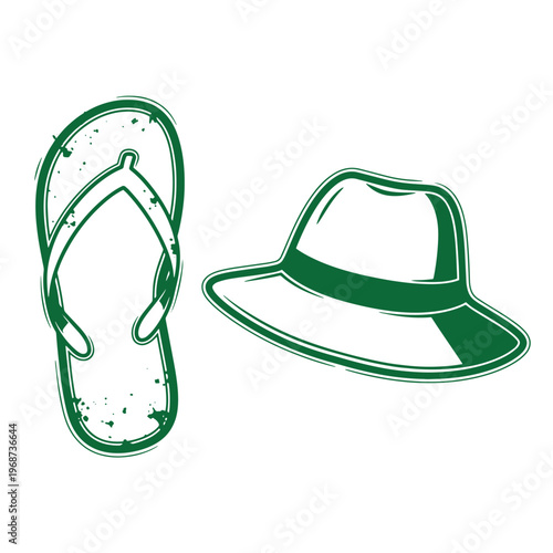 Green line of a single flip flop sandal and a wide brim fedora hat isolated on a white background featuring a distressed texture effect on the footwear
