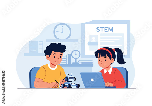 Flat style vector illustration of children learning coding and robotics with laptop and robot, modern STEM education concept for young students in classroom
