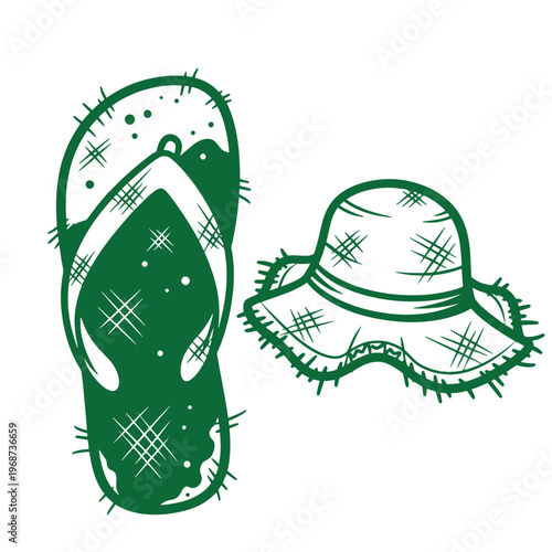 Green line of a single flip flop sandal and a wide brimmed straw hat isolated on a white background for summer vacation themes