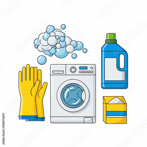 Laundry Day Essentials: Washing Machine, Detergent, Gloves, and Bubbles