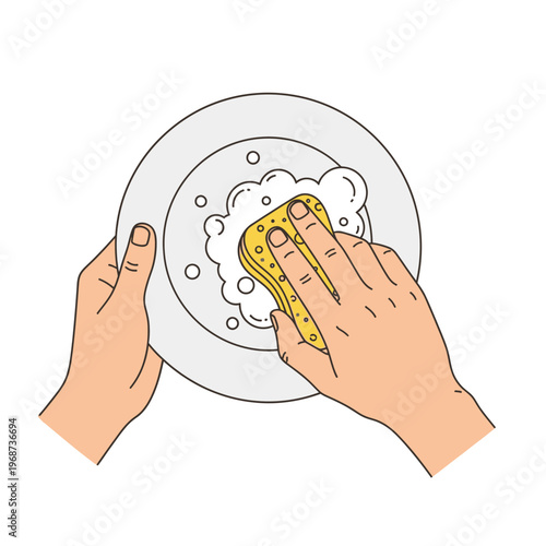 Hands washing a plate with a sponge and soap suds, household chores, domestic cleaning