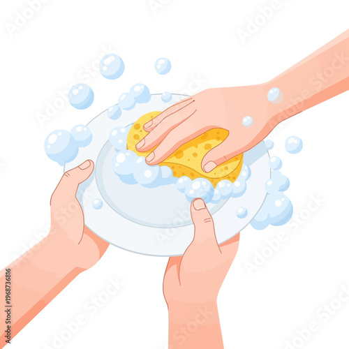 Hands washing plate with sponge and bubbles, domestic chores, cleaning dishes